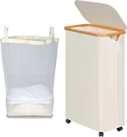 75 Litre Foldable Laundry Basket with Lid - Beige Slim Basket with Wheels, Bamboo Handles and Removable Bag for Bedroom, Bathroom, Kitchen — thumbnail 1