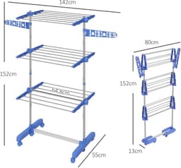 Pugsdrly Wasrek wasdroger. 4 niveaus, inklapbaar, one-click-systeem, 142 cm x 55 cm x 152 cm blauw + zilver — thumbnail 1
