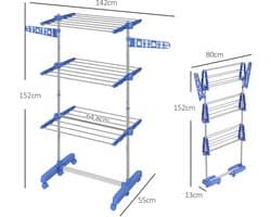 Pugsdrly Wasrek wasdroger. 4 niveaus, inklapbaar, one-click-systeem, 142 cm x 55 cm x 152 cm blauw + zilver