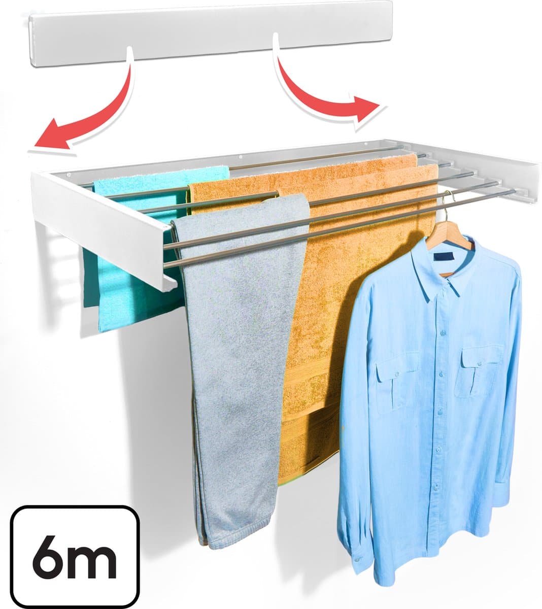 Bodo® Droogrek Inklapbaar - Wanddroogrek - 100 cm - Inclusief Boormal - Vernieuwd 2025 Model - Wasrek Hangend - Uitklapbaar - Muur - Ophangbaar - 6m Drooglengte - Wit — afbeelding 1
