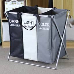 Wasmand met Stof en Vouwbaar Metalen Frame - 65 x 37 x 58 cm - 3 Compartimenten - Grijs/Zwart/Wit [BW2034C] — thumbnail 4