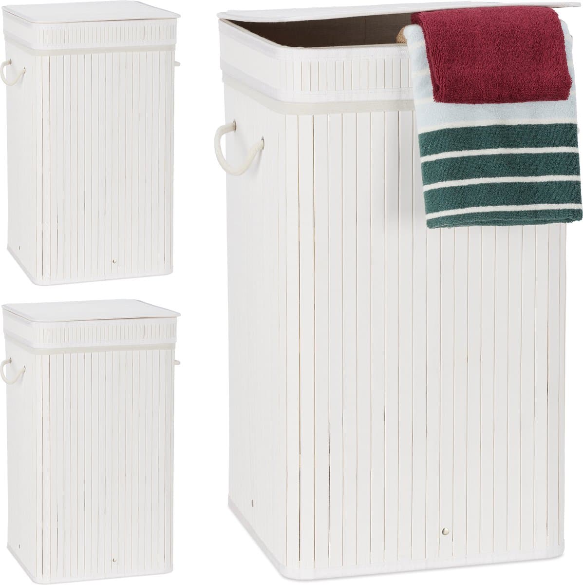 3x wasmand bamboe - wasbox opvouwbaar - 70L - vierkant - 63x36x36 cm - wit — afbeelding 1