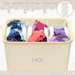 Wasmand 140 l met deksel 3 delen - uitneembare netwassorteerder waszak waszak wasmand wasmand met handgrepen voor handdoeken, kleding, speelruimte — thumbnail 5