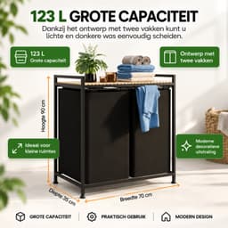 Zeo Wood Wasmand 2 Vakken – 123L Grote Wassorteerder – Dubbele Wasmand met Uitneembare Waszakken – Wasbox met Opbergrek – 66 x 36 x 70 cm – Zwart/Hout — thumbnail 3