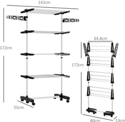 Droogtoren – 5 Etages Met Wielen – 142 x 55 x 172 cm – Roestvrij Staal – Zwart en Zilver – Inklapbaar — thumbnail 5