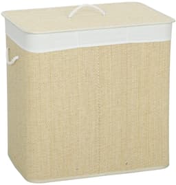REDOM - Wasmand met deksel - 3 vakken en uitneembare waszak - 144 liter - Bamboe en metalen frame - Crème - 60 x 40 x 60 cm — thumbnail 2