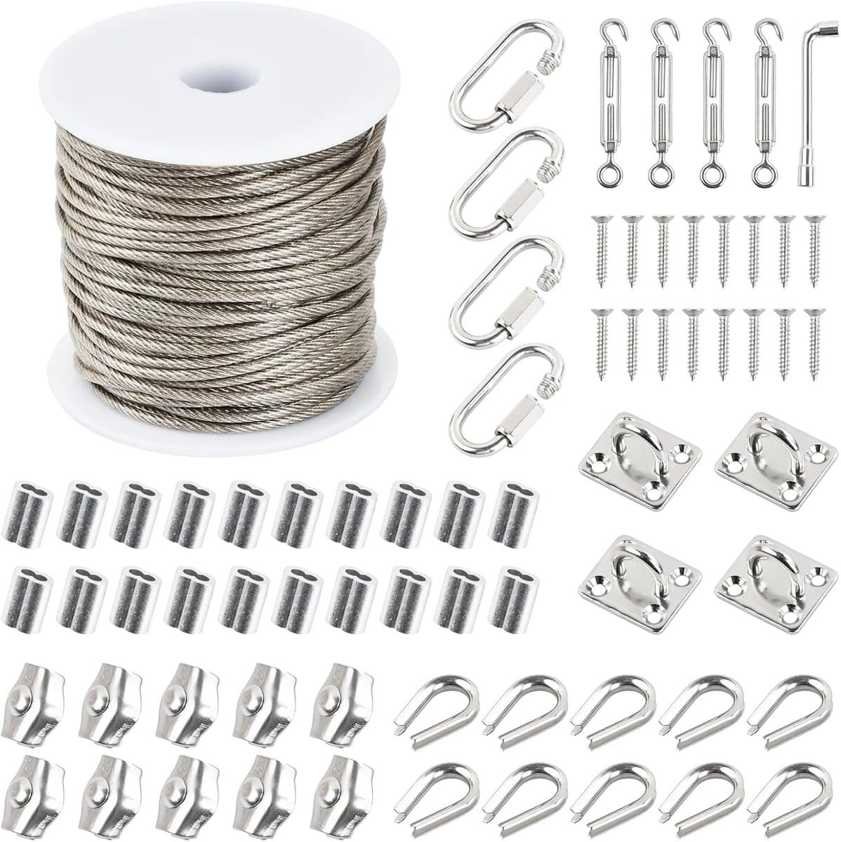 Waslijnenset 2 mm, waslijn voor buiten, 7 x 7 cm, pvc-gecoat met 4 spanners, 20 hulzen, 4 vierkante haken, 4 karabijnhaken, staalkabel voor gordijnen, roestvrij staaldraad (2 mm) — afbeelding 1
