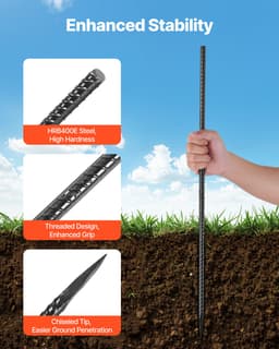 VEVOR Wapeningsstaven, 609,6 mm / 24 inch, Zware Uitvoering, 0,47 inch Diameter, Rechte Gegalvaniseerde Stalen Grondankers met Beitelpunt en Roestwerende Coating, voor Tuinondersteuning, Schuttingen, Kampeertenten (20 stuks) — thumbnail 5