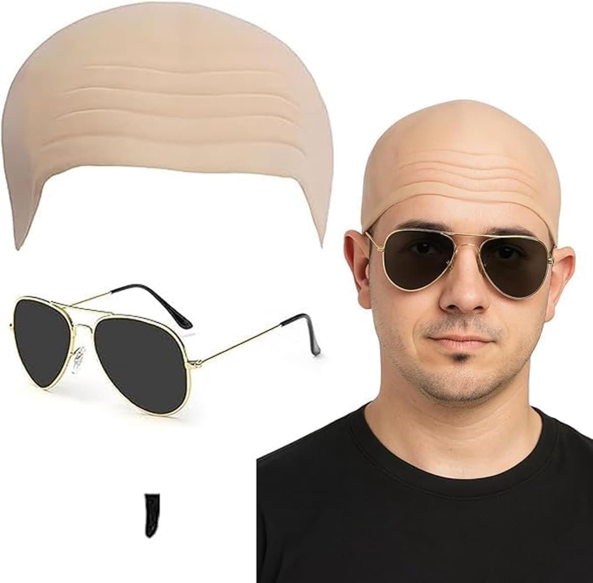 Volwassenen Mr Worldwide Accessoire Set, Naakt Latex Kale Cap, Zwarte Zonnebril, Zwarte Ziel Patch, Kale Huid Kale Hoofd Schedel Pruik Cap Beroemde Rapper Cosplay Halloween — afbeelding 1