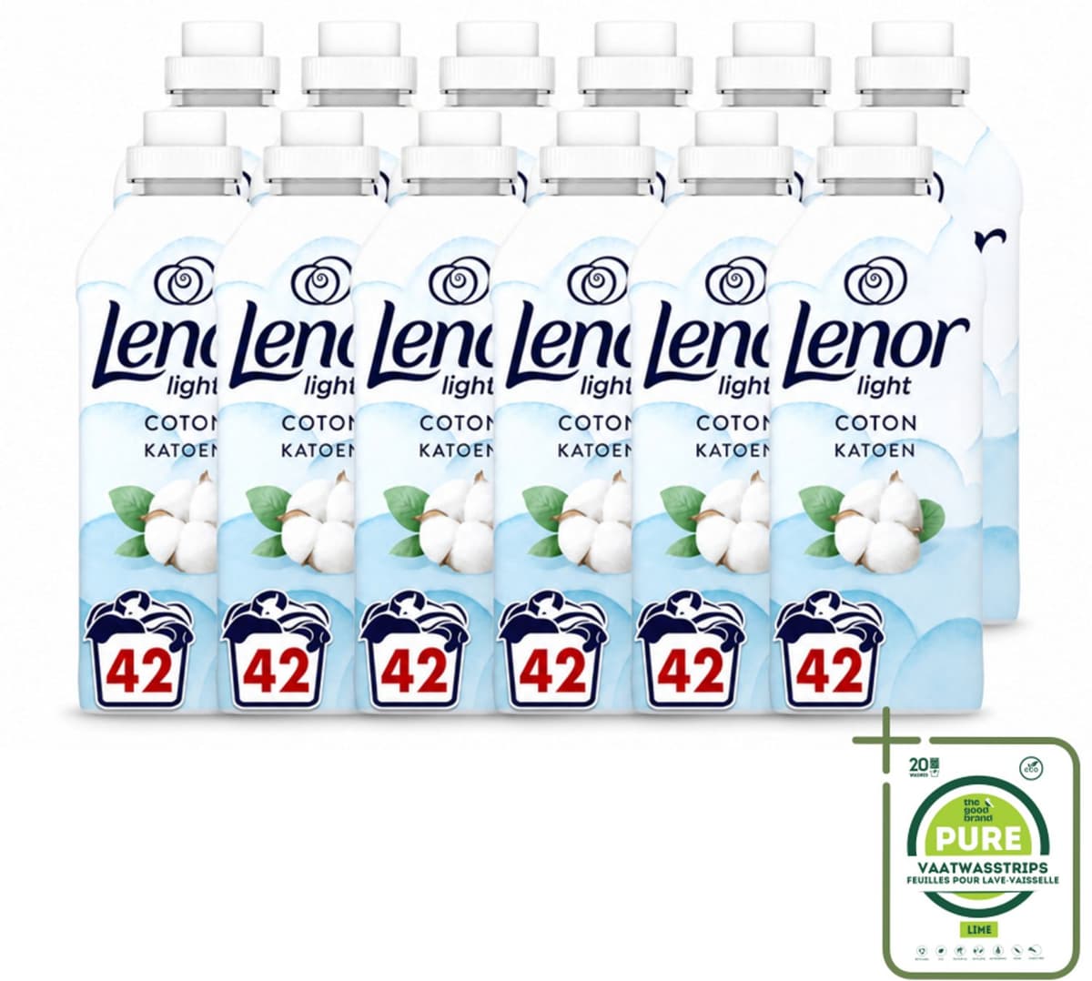 12 x Lenor Light - Wasverzachter - Katoen - Fris & Zacht - 42 Wasbeurten - Grootverpakking - Vaatwasstrips - Wasverzachter Katoen - Wasverzachter Fris - Wasverzachter Katoen Bloesem - Wasverzachter Milde Geur - Wasverzachter 0% Kleurstoffen — afbeelding 1