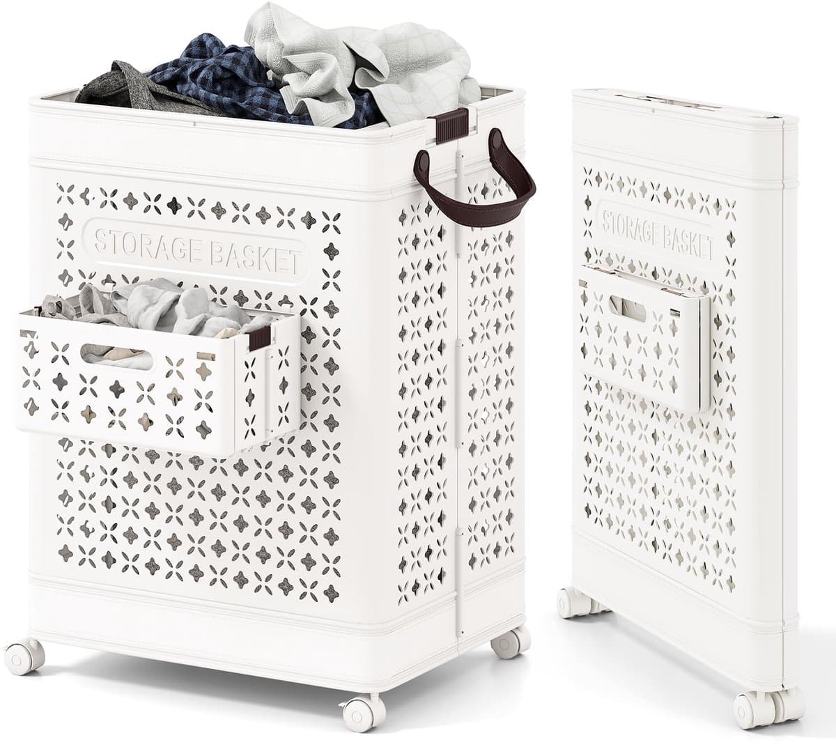COSTWAY Wasmand op wielen, 75 liter, ruimtebesparend, opbergdoos, waterdicht, met ondergoedmand en handgrepen, opvouwbare wasmand, 43,5 x 34 x 61 cm, wit — afbeelding 1