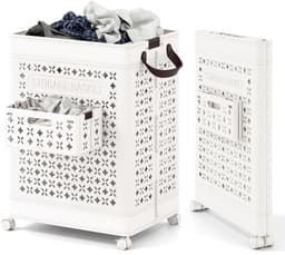 COSTWAY Wasmand op wielen, 75 liter, ruimtebesparend, opbergdoos, waterdicht, met ondergoedmand en handgrepen, opvouwbare wasmand, 43,5 x 34 x 61 cm, wit — thumbnail 1