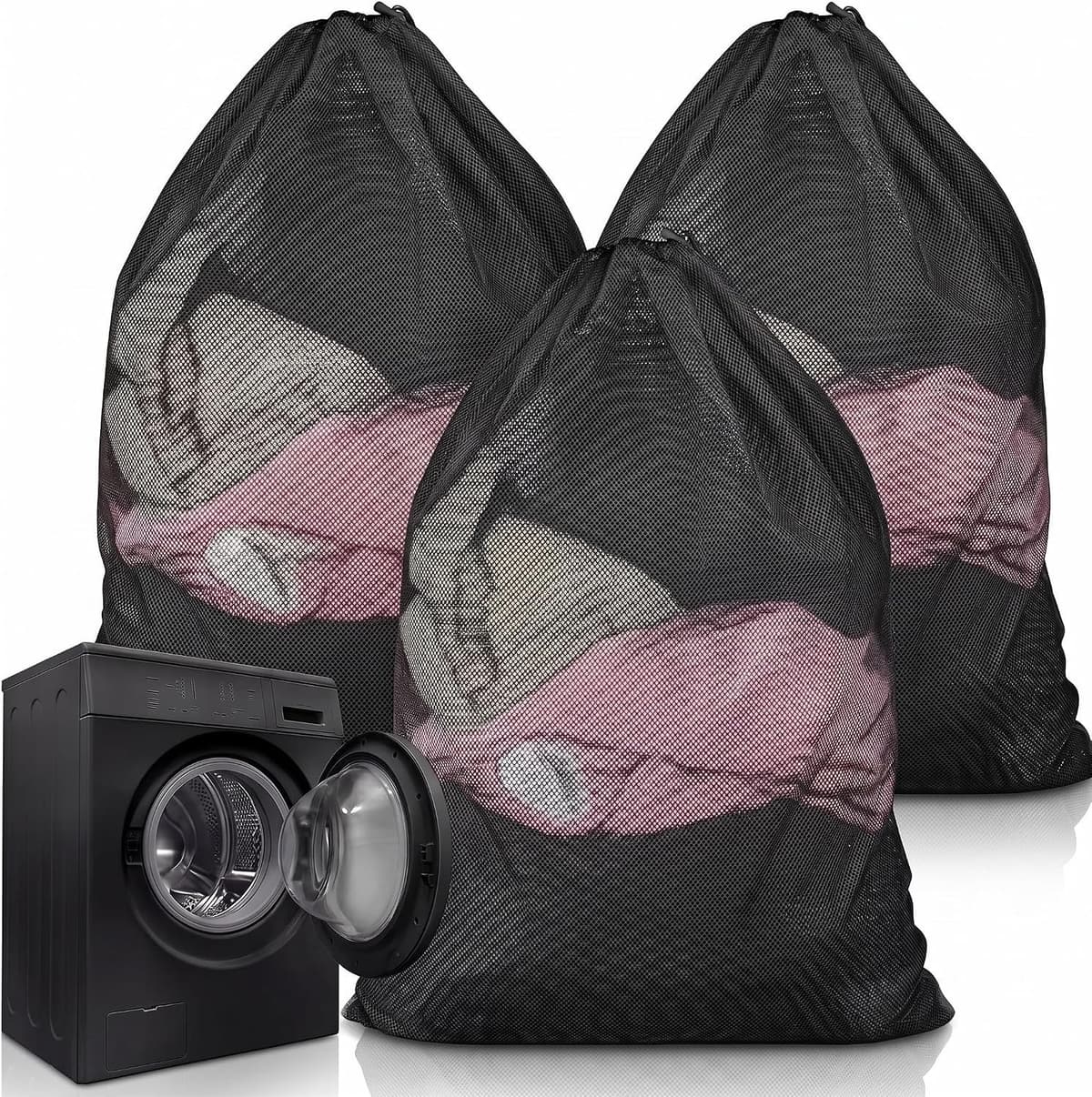 3 Stuks Waszakken met Trekkoord voor Ondergoed, Beddengoed en Kleding - Wasnet voor Wasmachine (Zwart, 70 x 90 cm) — afbeelding 1