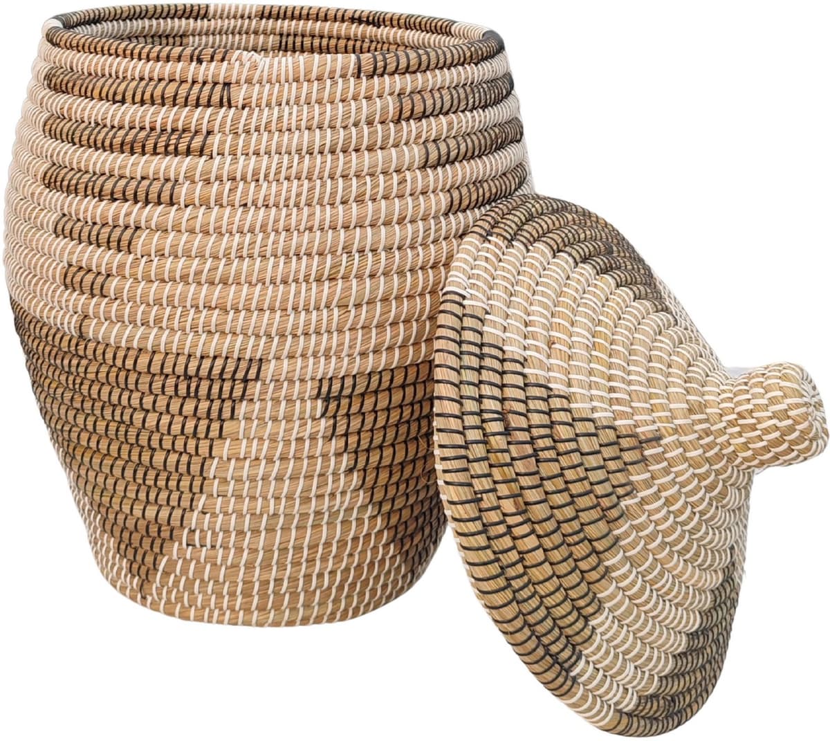 Wasmand met deksel – zeegras – 60 liter – naturel zwart wit — afbeelding 1
