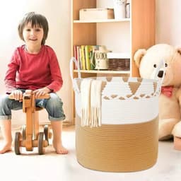Wasmand en opslag van natuurlijk katoenen touw, handgevlochten, opvouwbaar met handgrepen, mand voor speelgoed, baby, vuile was, dekens, kussens (wit/camel) — thumbnail 5
