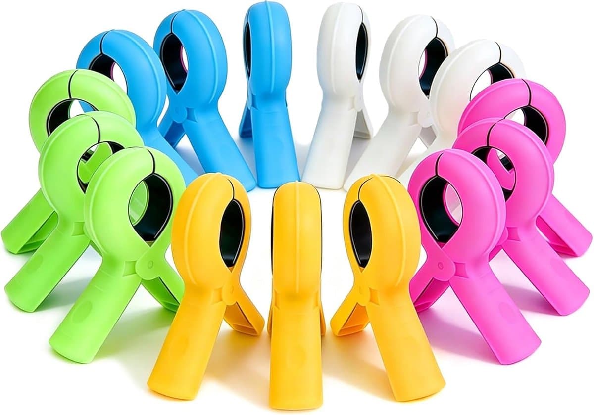 15 strandhanddoekclips, grote handdoekklemmen voor strandstoel en zwembadstoel, stevige clips voorkomen dat handdoeken wegwaaien door de wind, 5 kleuren — afbeelding 1