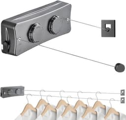 Uittrekbare waslijn, 2 x 5,1 m roestvrijstalen touwen, uittrekbare waslijn aan de muur, waslijn, uittrekbare muur voor balkon, wasruimte, hotel, badkamer, slaapkamer (twee lijnen grijs) — thumbnail 1