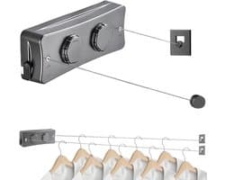 Uittrekbare waslijn, 2 x 5,1 m roestvrijstalen touwen, uittrekbare waslijn aan de muur, waslijn, uittrekbare muur voor balkon, wasruimte, hotel, badkamer, slaapkamer (twee lijnen grijs)