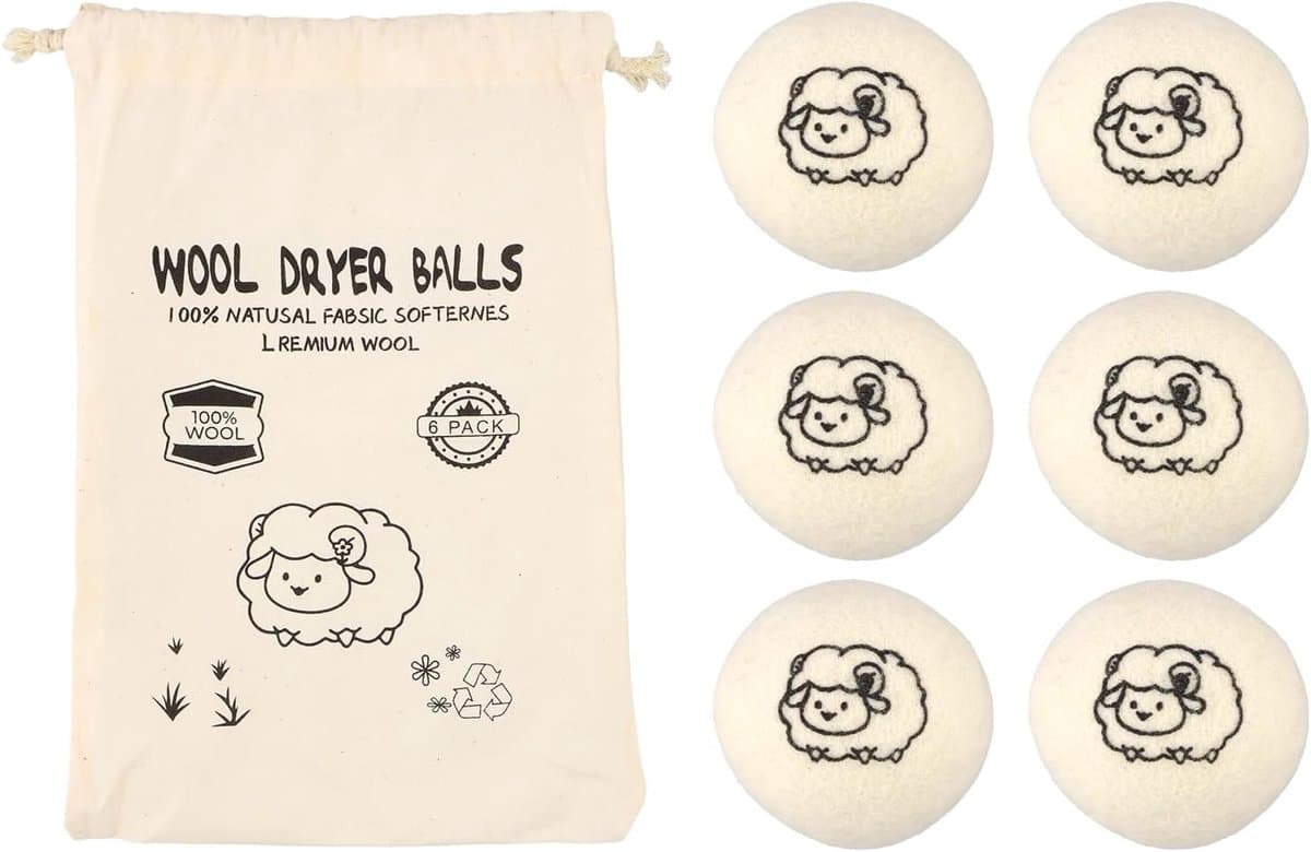 Set van 6 droogballen van zuivere natuurlijke wol met katoenen zak, herbruikbaar, antistatisch en energiebesparend - ShopVlot — afbeelding 1