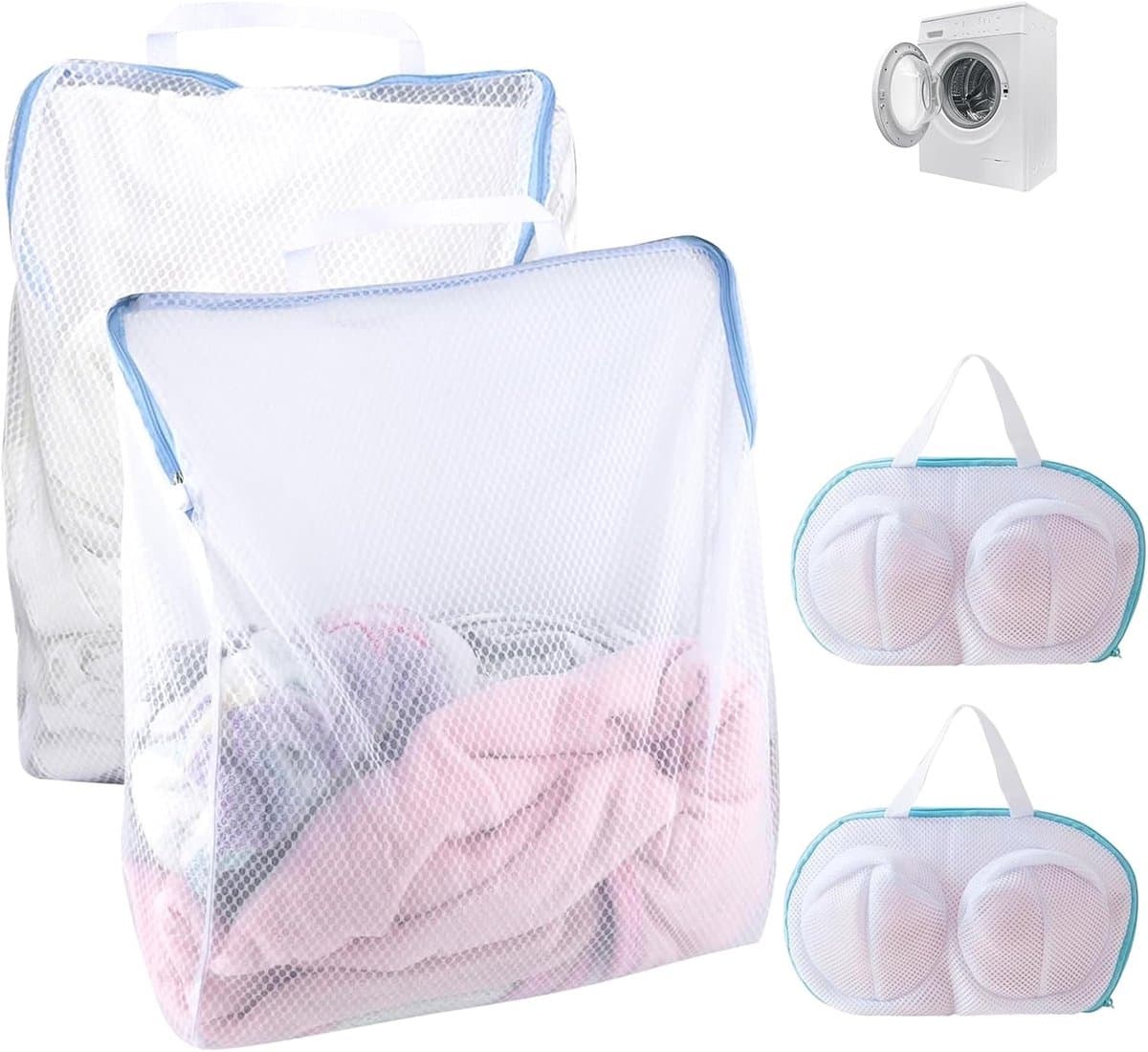 Set van 2 waszakken en 2 wasnetten met rits voor ondergoed, blouses en babykleding - Herbruikbaar en groot formaat met handvatten — afbeelding 1