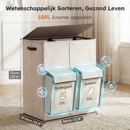 JCP® Wasmand - 180L - Wasmand met Deksel - Wasmand 4 Vakken - Beige - 58cm x 40cm x 71cm — thumbnail 5