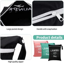 Dailygoods- Reiswaszakken 3 Stuks - Waszak Groot 38 x 48 cm - Vuile Kledingtas - Natte Tas voor Sport - Opvouwbaar met Rits - Handvat voor Gemak — thumbnail 4