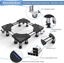 Wasmachine verhoger - Zwart - 54,5-67 cm verstelbaar - Roestvrijstalen Onderstel met Wielen en Poten - Voor Zware Huishoudelijke Apparaten — thumbnail 3