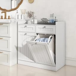 Emvae Wasmand Kast - Wasmand met Kantelbaar Vak - Badkamerkast met Lade, Bovenplank en Uitneembare Stoffen Waszak - 79 x 40 x 80 cm - Hout — thumbnail 4