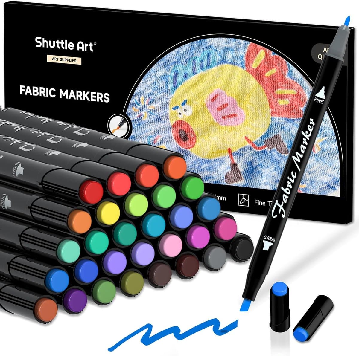 Art Stoffen pennen, 30 kleuren dubbele punt permanente stoffen markers voor kleding, T-shirt, schoenen, niet-toxisch en geen bloeden permanente stoffen pennen voor kinderen volwassenen — afbeelding 1