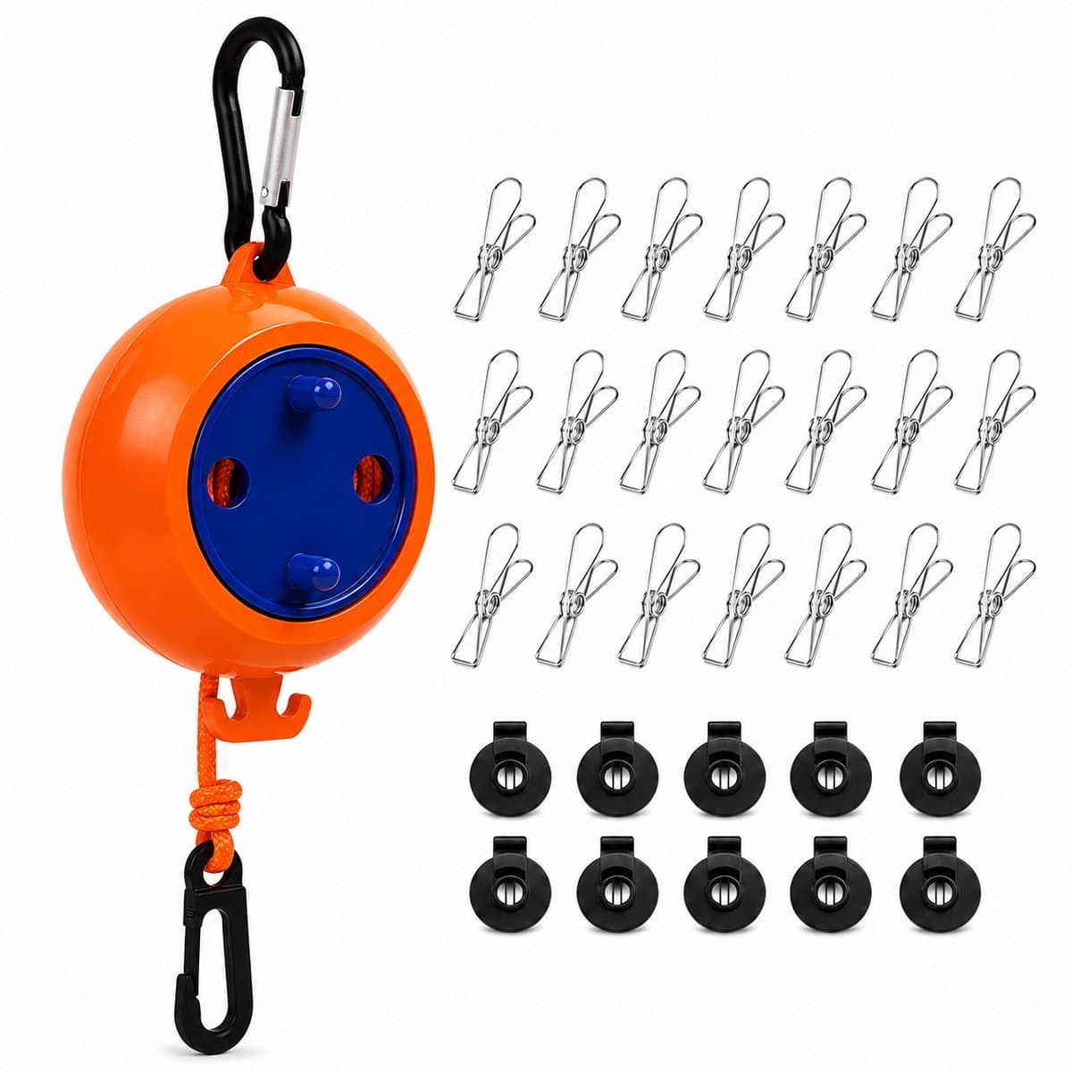 Drooglijn 10m - Oprolbaar - 20 Hangers & 10 Clips - Voor Camping & Thuis — afbeelding 1