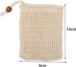 3 stuks - Badkamer zeeptas - Natuurlijke zeepzak - Schuimnet van katoen en linnen - Schuimnetzak voor badhanddoeken - Handgemaakte zeeptas - Badkamer zeeptas met trekkoord - Met kralen - 9 cm x 14 cm - Beige — thumbnail 5