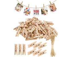 100 stuks - Kleine houten mini knijpers - 3 cm - Met 10 m jute twine - Fotoknijpers - Fotoclips om op te hangen - Clips - Clips om kerstkaarten op te hangen - Geschikt voor knutselwerk, ansichtkaarten, decoraties en fotopresentaties