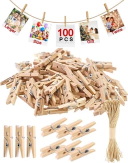 100 stuks - Kleine houten mini knijpers - 3 cm - Met 10 m jute twine - Fotoknijpers - Fotoclips om op te hangen - Clips - Clips om kerstkaarten op te hangen - Geschikt voor knutselwerk, ansichtkaarten, decoraties en fotopresentaties — thumbnail 1