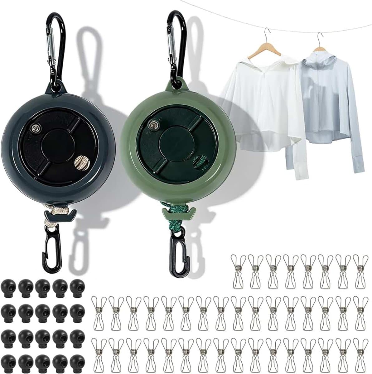 Waslijn uittrekbaar camping, uittrekbare waslijn met handslinger 10 m, draagvermogen 50 kg, incl. 20 klemmen, 10 vaste gespen, set van 2 zwart/groen, voor camper, vanlife & backpacking — afbeelding 1