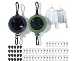 Waslijn uittrekbaar camping, uittrekbare waslijn met handslinger 10 m, draagvermogen 50 kg, incl. 20 klemmen, 10 vaste gespen, set van 2 zwart/groen, voor camper, vanlife & backpacking