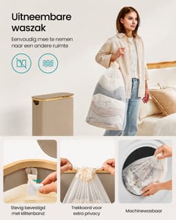 AALVERO - Wasmand - Wasbox - Wasmand met deksel - Ruimtebesparend - Uitneembare waszak - 65L - Oxford stof - Bamboe - Camel Bruin — thumbnail 2