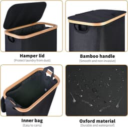 Wasmand - met afneembare waszak - Oxford-stof - bamboe handvat - opvouwbaar - 40,5*33*73 cm -Grijs — thumbnail 2