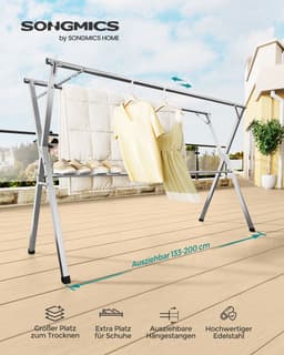 Uitschuifbaar Droogrek - Wasrek - Kledingluchter - Roestvrij staal - 66cm x (133-200cm) x 130cm — thumbnail 3