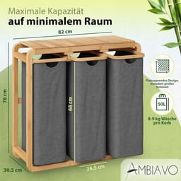 Wasmand met 3 vakken, grijs, ruimtebesparend design en bamboeconstructie — thumbnail 3