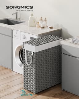 SONGMICS smalle wasmand, wasmand 55 L, wasbox van synthetisch rotan, met deksel en handgrepen, gevlochten, opvouwbaar, afneembare waszak, wasruimte duifgrijs LCB164G01 — thumbnail 5