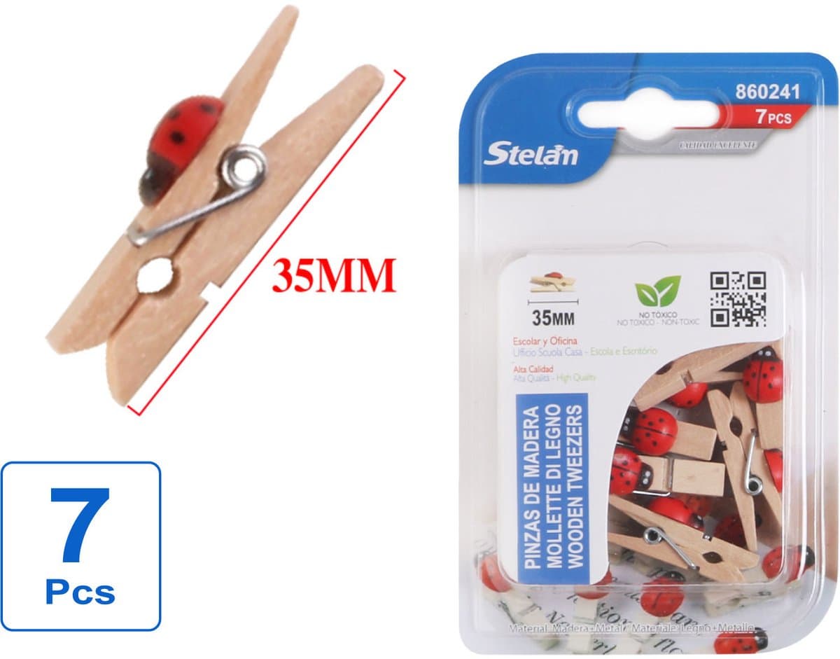 Decopatent - 7 Stuks Mini Fotoknijpertjes - Met Liefheerstbeestje decoratie - 35mm Lang - Kaartknijpertjes - Kleine mini wasknijpers - Hout - Kaarten Kerstkaart knijpers - Houten clips voor fotos — afbeelding 1