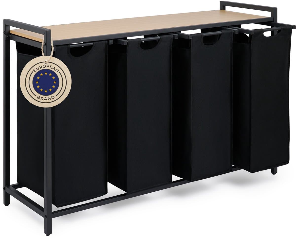 Blumtal Wasmand met 4 vakken - Wasmand met bamboe plank - Metalen frame - Wasmand met poten - Zwart — afbeelding 1