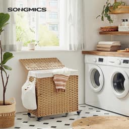 Handgeweven wasmand 140 l rotan-imitatie 3-delig afneembare zak deksel handgrepen eenvoudige montage woonkamer badkamer 66 x 33 x 60 cm houtkleur LCB363N01 — thumbnail 2