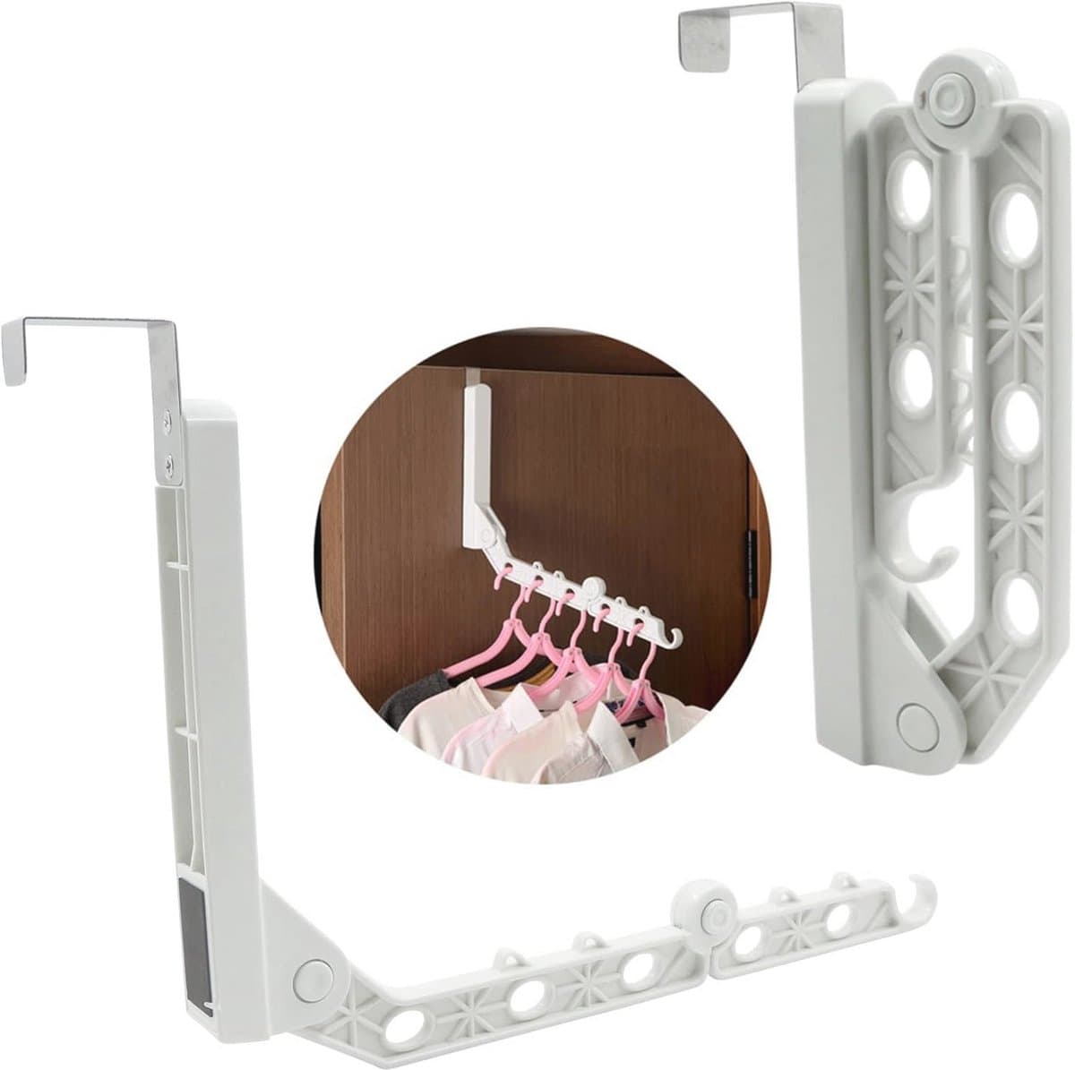 Opvouwbare kleerhanger met droogrek – ruimtebesparende kledingstang voor deur, 5 kg draagvermogen, 2 stuks, wit — afbeelding 1