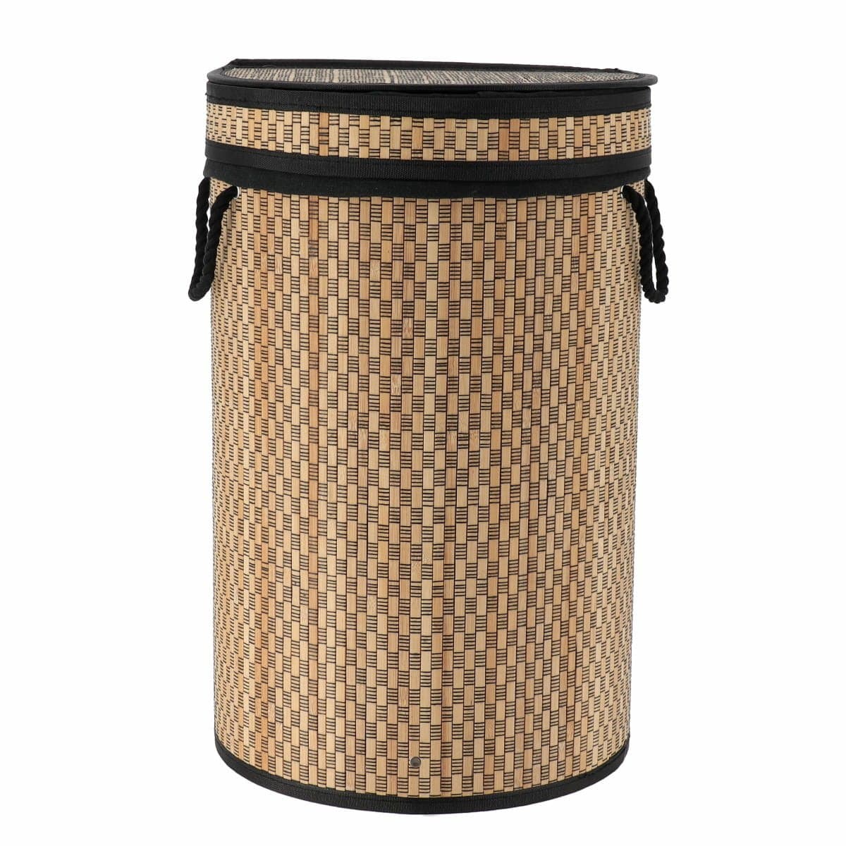 Tendance Wasmand met deksel bamboe - naturel/zwart - rond - katoen/bamboe - 67 liter - 35 x 35 x 55 cm — afbeelding 1