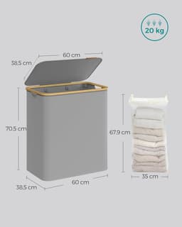 SONGMICS Wasmand met 3 vakken, 150 l, wasmand met deksel, opvouwbaar, afneembare waszak, Oxford stof, bamboe handvatten, 60 x 38,5 x 70,5 cm, duifgrijs — thumbnail 2