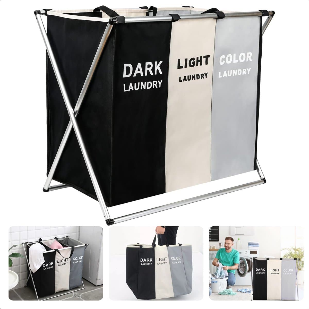 Wasmand 3 Vakken - Wassorteerder Aluminium - 65x40x60 cm - Afneembare Waszak - Inclusief EBOOK — afbeelding 1