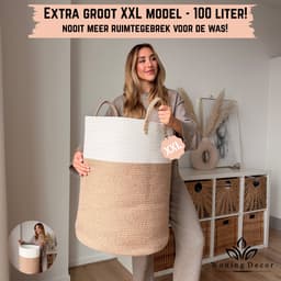 Woning Decor® Wasmand 100L XXL – Katoenen Wasmand – Opbergmand – Wassorteerder – Beige/Wit — thumbnail 3
