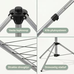 Cheqo® Droogrek Inklapbaar - Droogmolen Staand - Wasrek met Statief - Wasdroogrek Opvouwbaar - 3 Armen - Voor Camping - Voor Binnen en Buiten - Met Voet - Ruimtebesparend - Voor Balkon - Draaibaar - Mobiel - Droogparasol - Kledingdroger — thumbnail 2