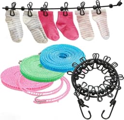 4-Pack Verstelbare Camping Waslijn met 12 Klemmen - Draagbare, Elastische Waslijn voor Buiten, Reizen en Kamperen in Blauw/Groen/Roze/Zwart — thumbnail 1